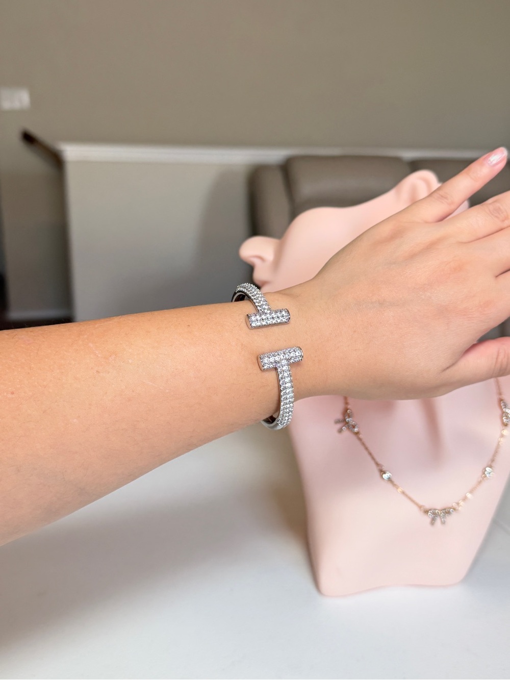 Silver Pavé T-Open Cuff Bracelet With Zirconia